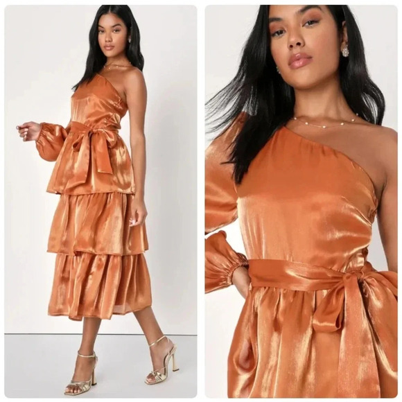 Lulus Sweet Excellence Shiny Rust Orange One-Shoulder Tiered Dress Medium NWT - Picture 2 of 15